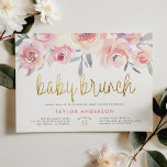 Blush Watercolor Roses Greenery Baby Brunch Shower Invitation Postcard<br><div class="desc">Celebrate the upcoming arrival of your baby girl with these beautiful invites! A chic, elegant design with a bouquet of blush pink watercolor roses and foliage. Your shower details appear below with "baby brunch" in gold calligraphy. At the bottom of this invite, there is faux gold glitter. View the collection...</div>