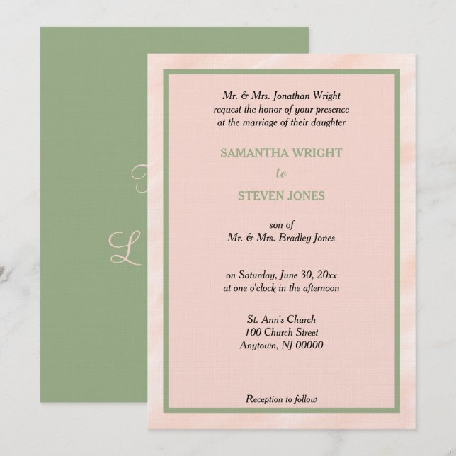 Blush Watercolor Sage Green Wedding Invitation (Front/Back)