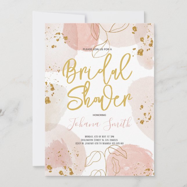 Blush Watercolor splash & Gold Dust Bridal Shower  Invitation (Front)