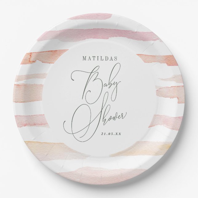 Blush watercolor stripe Baby shower Paper Plate (Front)