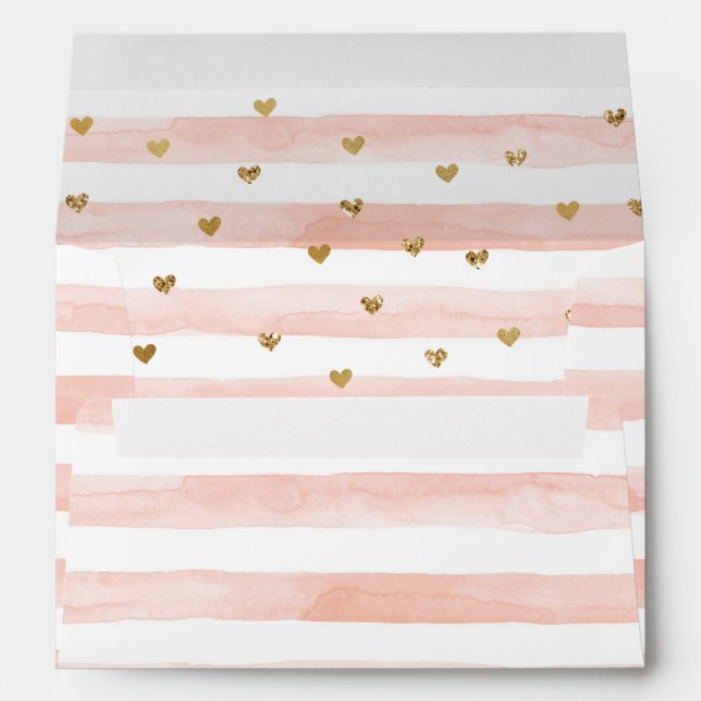 Blush Watercolor Stripes Gold Glitter Hearts Envelope (Back (Bottom))