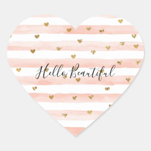 Blush Watercolor Stripes Gold Glitter Hearts   Heart Sticker