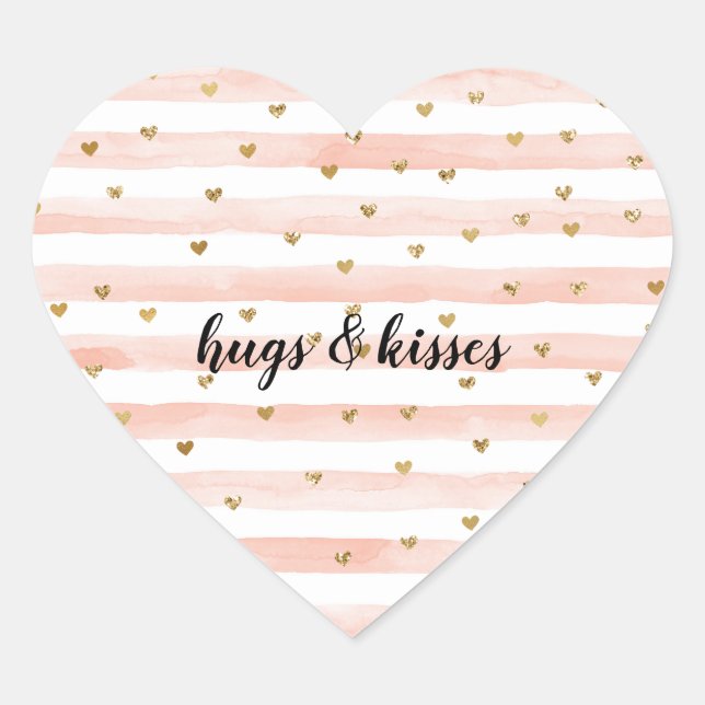 Blush Watercolor Stripes Gold Glitter Hearts Heart Sticker (Front)