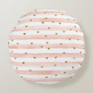 Blush Watercolor Stripes Gold Glitter Hearts   Round Cushion