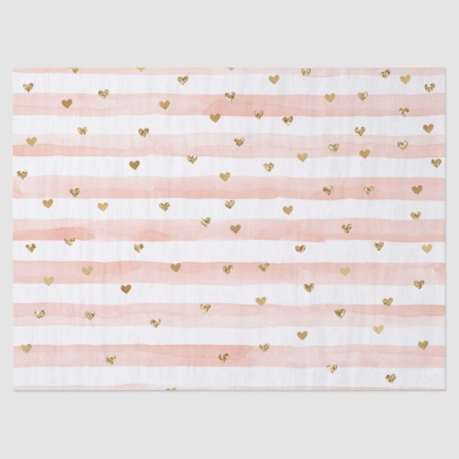 Blush Watercolor Stripes Gold Glitter Hearts Tissue Paper (Front)