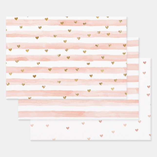 Blush Watercolor Stripes Gold Glitter Hearts   Wrapping Paper Sheet (Set)