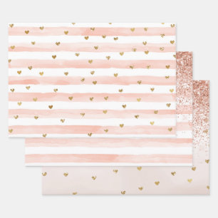Blush Watercolor Stripes Gold Glitter Hearts     Wrapping Paper Sheet