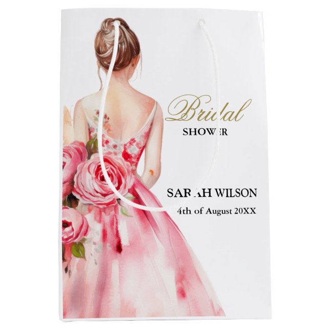 Blush Watercolor Wedding Gown Bridal Shower  Medium Gift Bag (Front)