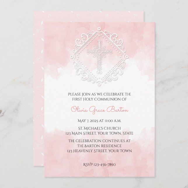 Blush Watercolor White Cross Religious Invitation (Front/Back)