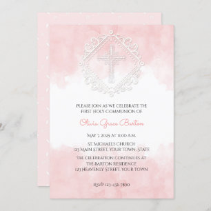Blush Watercolor White Cross Religious Invitation