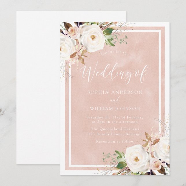 Blush Watercolor White Flowers Beautiful Wedding Invitation (Front/Back)