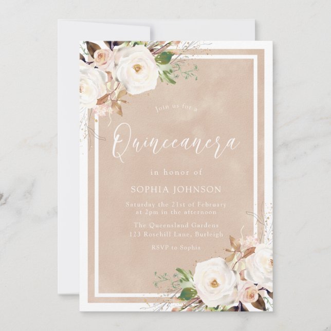Blush Watercolor White Flowers Quinceanera Invitation (Front)
