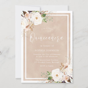Blush Watercolor White Flowers Quinceanera Invitation