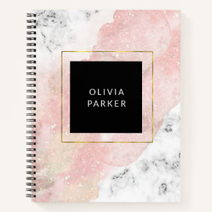 Blush Watercolor   White Marble and Faux Gold Notebook
