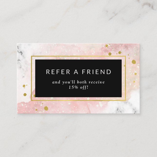 Blush Watercolor | White Marble and Faux Gold Referral Card (Front)