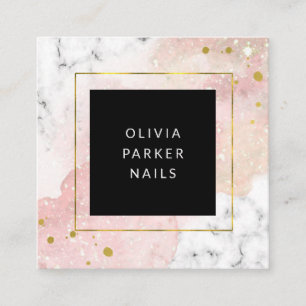 Blush Watercolor White Marble and Faux Gold Square Business Card