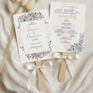Blush Watercolor with Elegant Black Floral Details Hand Fan