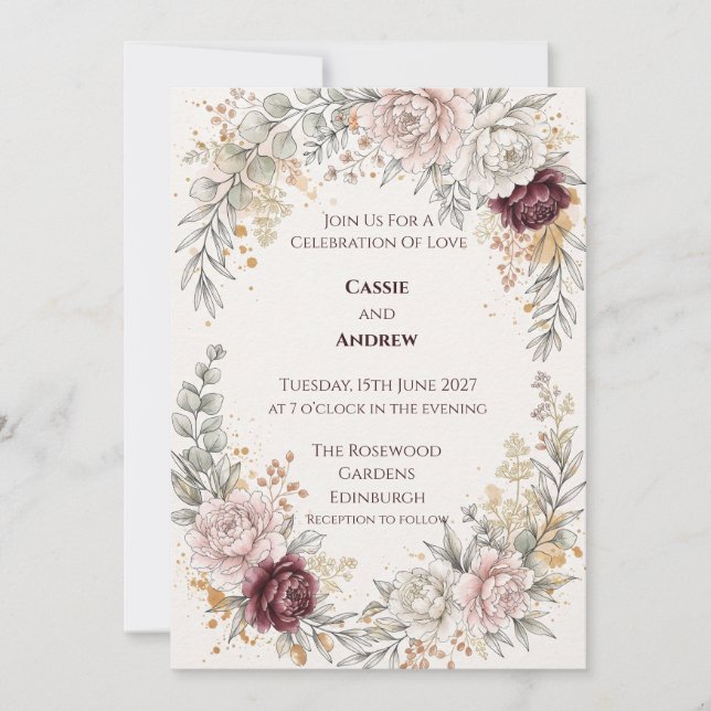 Blush Watercolour Peony Wedding Invitation (Front)
