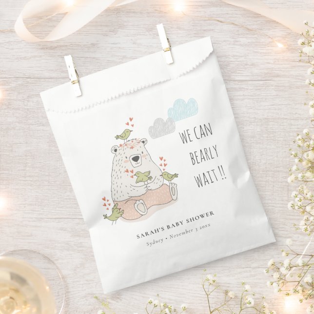 Blush We Can Bearly Wait Bear Birds Baby Shower Favour Bags (Clipped)
