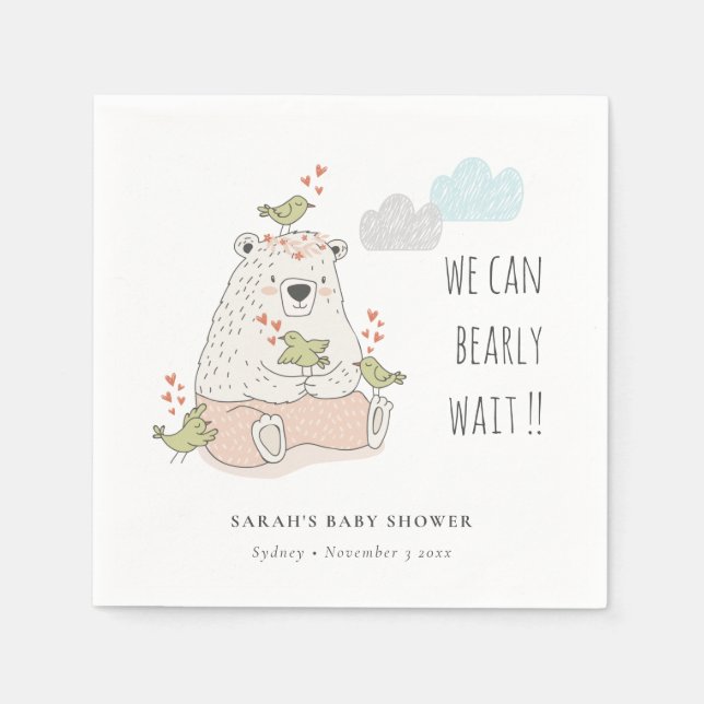 Blush We Can Bearly Wait Bear Birds Baby Shower Napkin (Front)