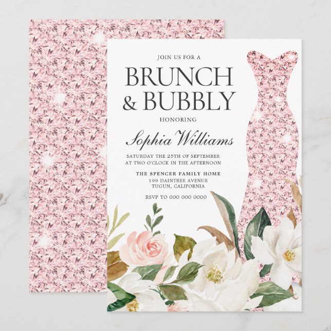 Blush Wedding Dress Bridal Shower Brunch & Bubbly  Invitation (Front/Back)