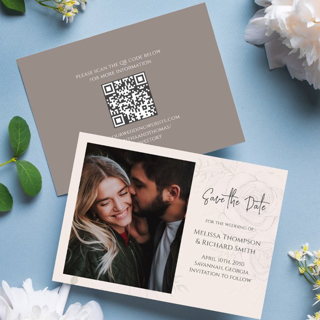 Blush Wedding Save the Date Simple Floral (Wedding save-the-date photo card with blush floral background. With a QR code. )