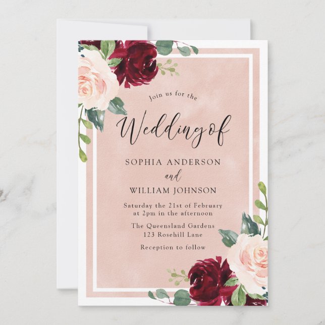 Blush Wedding: Watercolor Burgundy Floral Wedding Invitation (Front)