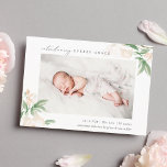 Blush Whisper Floral Photo Birth Announcement<br><div class="desc">Elegant floral birth announcement in chic pastel colours features a single full bleed horizontal or landscape orientated photo with clusters of watercolor flowers and botanical foliage at the corners. Personalise with baby's name,  birth stats,  and a personal message,  and add three additional square photos to the back.</div>