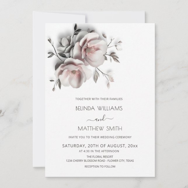 Blush White 3D Roses Wedding Invitation (Front)