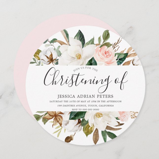 Blush & White Beautiful Floral Christening Baptism Invitation (Front/Back)