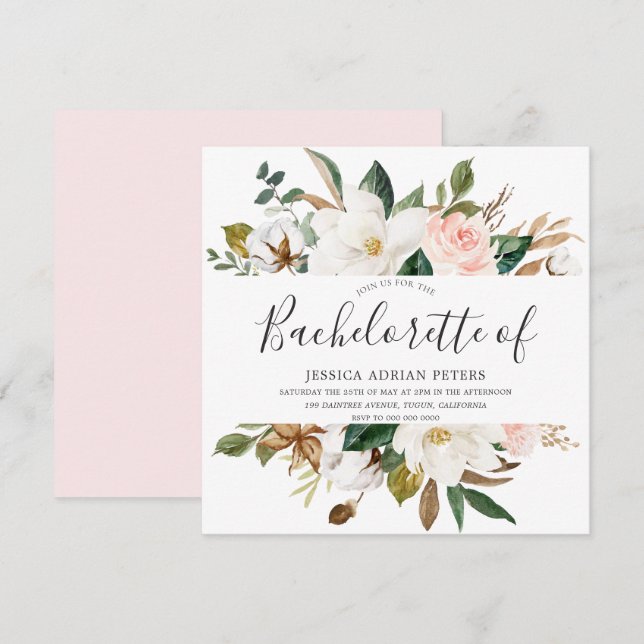 Blush & White Beautiful Flowers Bachelorette Party Invitation (Front/Back)