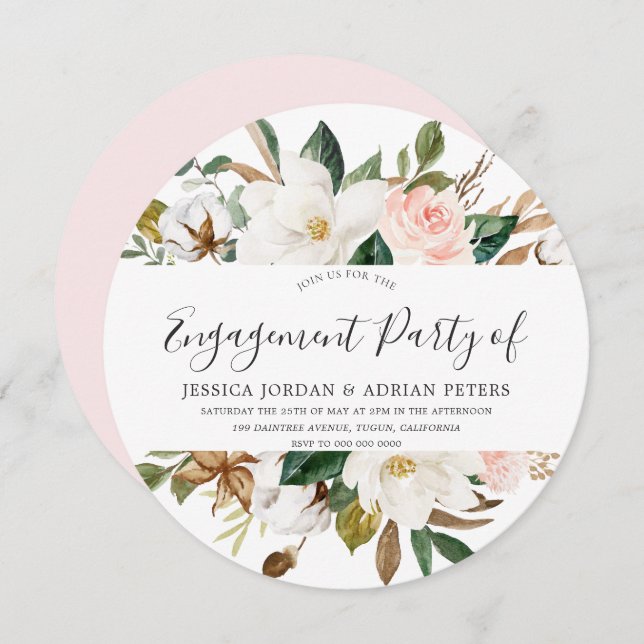 Blush & White Beautiful Flowers Engagement Party Invitation (Front/Back)