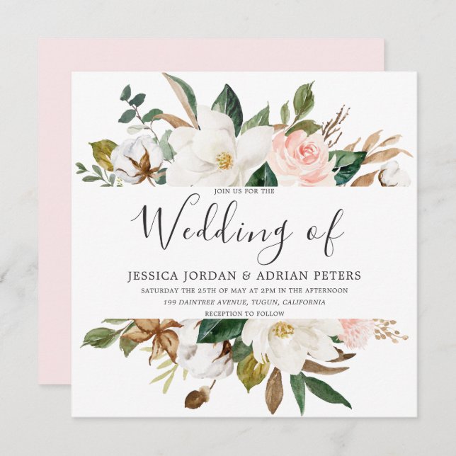 Blush & White Beautiful Flowers Modern Wedding Invitation (Front/Back)