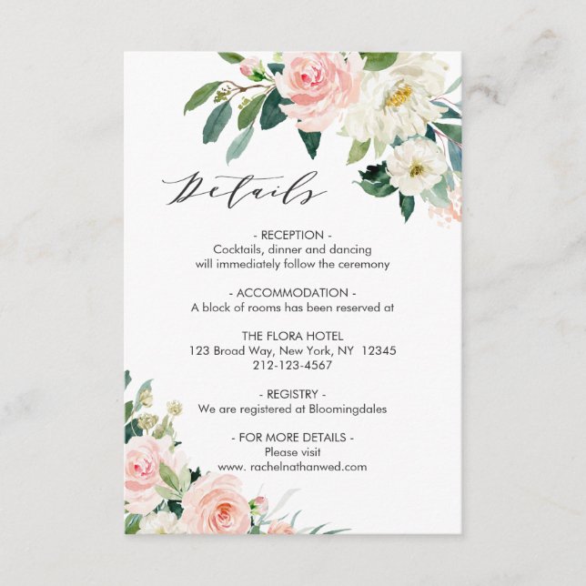 Blush White Bloom Floral Wedding Details Enclosure Card (Front)