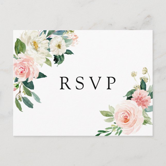 Blush White Bloom Floral Wedding RSVP Invitation Postcard (Front)
