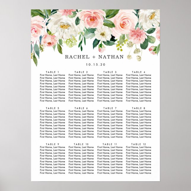 Blush White Bloom Floral Wedding Seating Chart (Front)