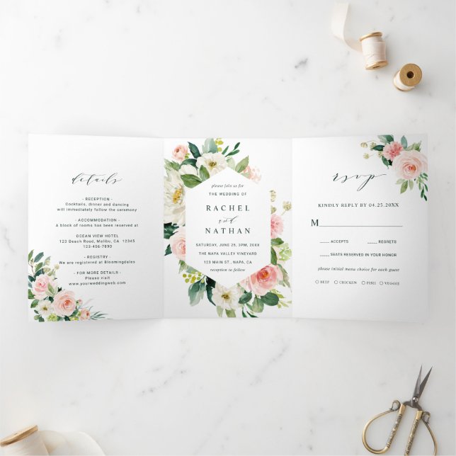 Blush White Bloom Floral Wedding Tri-Fold Invitation (Inside)