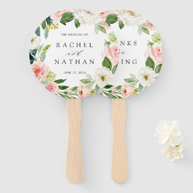 Blush White Bloom Floral Wreath Wedding Hand Fan (Front and Back)