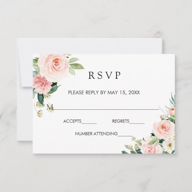 Blush White Bloom Gold Frame Floral Wedding RSVP (Front)