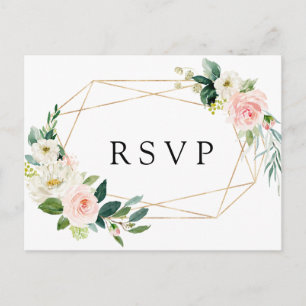 Blush White Bloom Gold Frame Floral Wedding RSVP Invitation Postcard