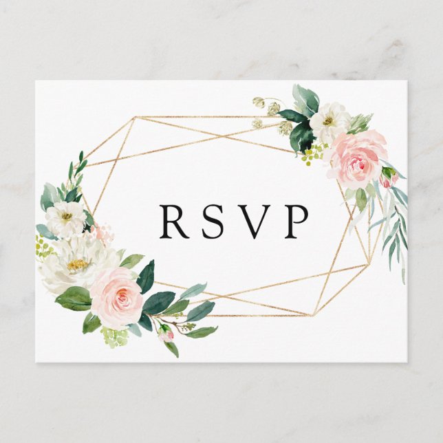 Blush White Bloom Gold Frame Floral Wedding RSVP Invitation Postcard (Front)