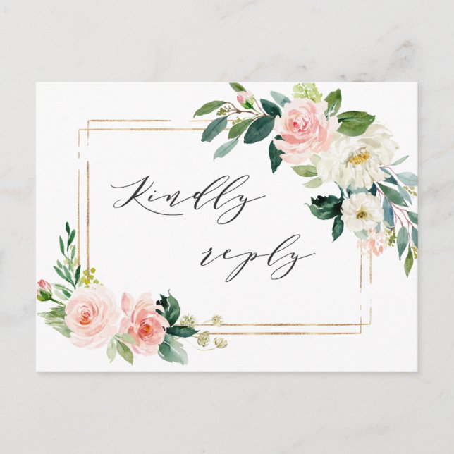 Blush White Bloom Gold Frame Floral Wedding RSVP Invitation Postcard (Front)