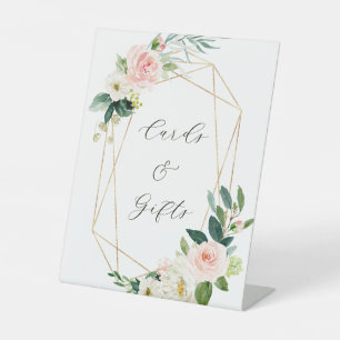 Blush White Bloom Gold Frame Wedding Cards & Gifts Pedestal Sign