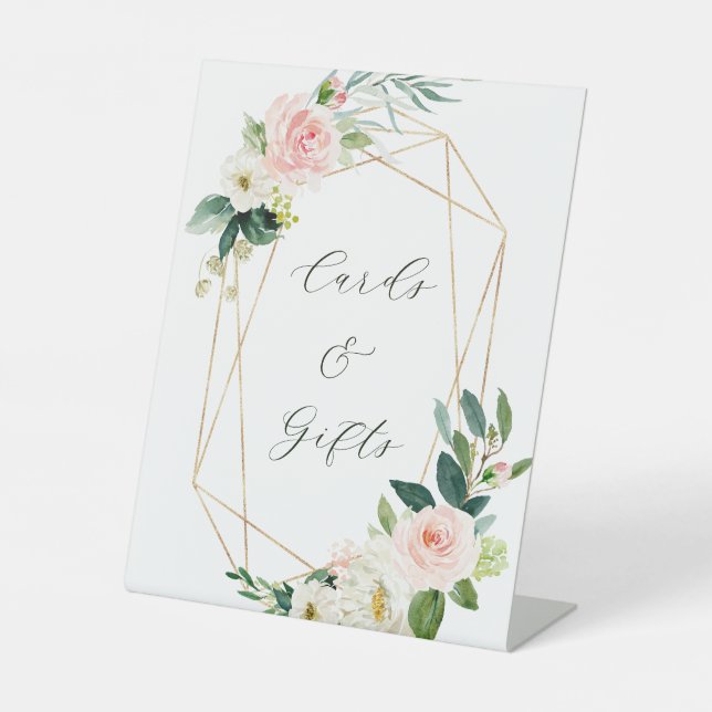 Blush White Bloom Gold Frame Wedding Cards & Gifts Pedestal Sign (Front)