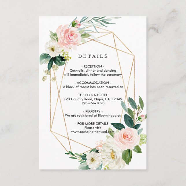 Blush White Bloom Gold Frame Wedding Details Enclosure Card (Front)