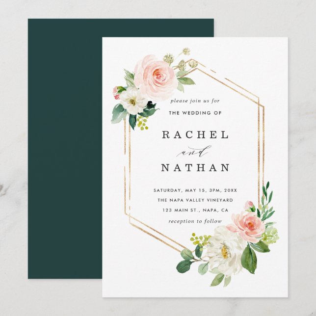 Blush White Bloom Gold Frame Wedding Invitation (Front/Back)