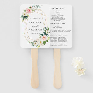 Blush White Bloom Gold Frame Wedding Program Hand Fan