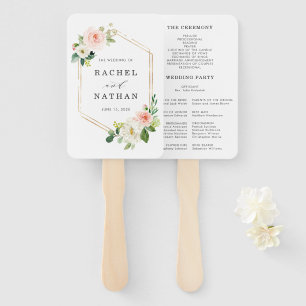Blush White Bloom Gold Frame Wedding Program Hand Fan