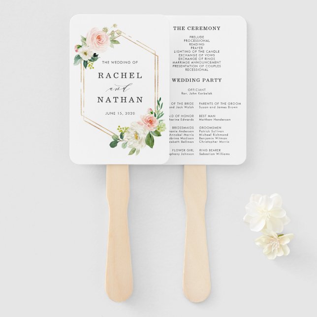 Blush White Bloom Gold Frame Wedding Program Hand Fan (Front and Back)
