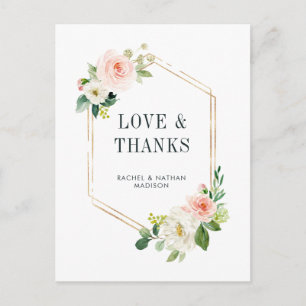 Blush White Bloom Gold Frame Wedding Thank You Postcard